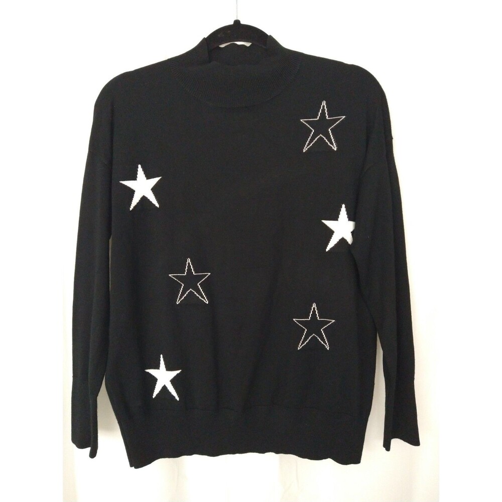 Cocobleu Sweater Black White Stars Size S High Neck Long Sleeve core versatile